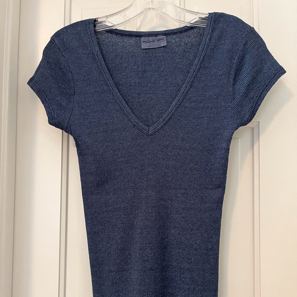 Michael Stars Classic Navy Blue V-Neck Metallic Women's Top